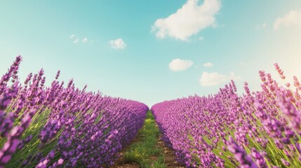 Obraz premium A field of lavender under a clear blue sky, creating a serene and calming floral backdrop with rows of blooming purple flowers
