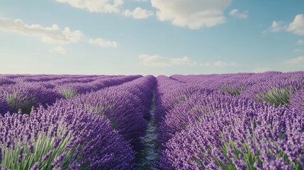 Fototapeta premium A field of lavender under a clear blue sky, creating a serene and calming floral backdrop with rows of blooming purple flowers