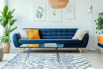A stylish living room with a blue sofa, coffee table, plants, and decorative art.