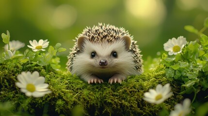 Adorable Baby Hedgehog Discovering Mossy Wonderland - Detailed Close-up of Tiny Feet and Spines in Lush Green Forest Habitat, Playful Animal Scene