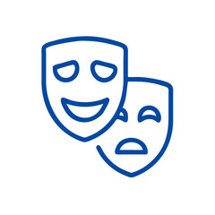 Theater masks icon in blue line art for performing arts and drama