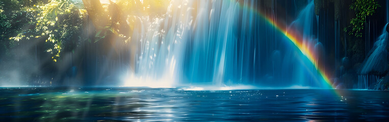 Waterfall crashing into churning view of a waterfall in the forest with rainbow in the background
