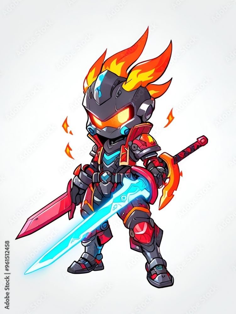 Sticker fiery warrior: a digital illustration of a powerful, armored, character