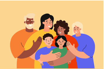 Family Embracing Together With Joyful Smiles Against Light Background