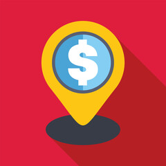 Yellow location pin pointing at a blue circle with a white dollar sign, illustrating the concept of money location