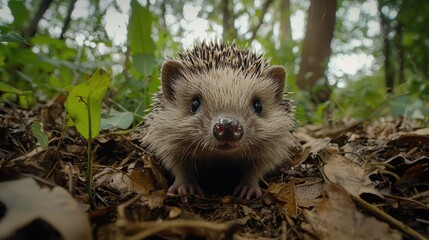 Naklejka premium Curious Hedgehog Emerging from Burrow in Enchanting Forest Scene