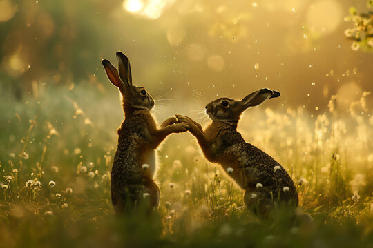 Two March hares boxing and fighting in the spring in a springtime meadow during the mating season, stock illustration image 