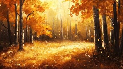 Fototapeta premium Autumn forest with golden leaves, capturing the warm and rich colors of the season.