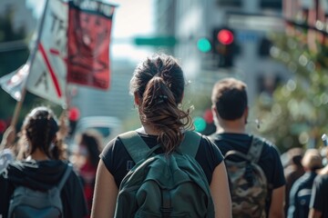 Young Protesters Marching in City Streets Holding Signs Banners