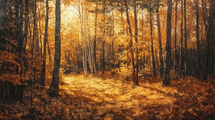 Autumn forest with golden leaves, capturing the warm and rich colors of the season.