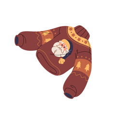 Traditional Christmas wool clothes. Ugly sweater with Santa Claus pattern. Ornamented jumper with winter holiday print. Cozy Xmas garment. Flat isolated vector illustration on white background