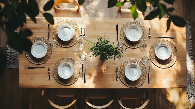 A top-down view of a minimalist dining table with simple, geometric place settings