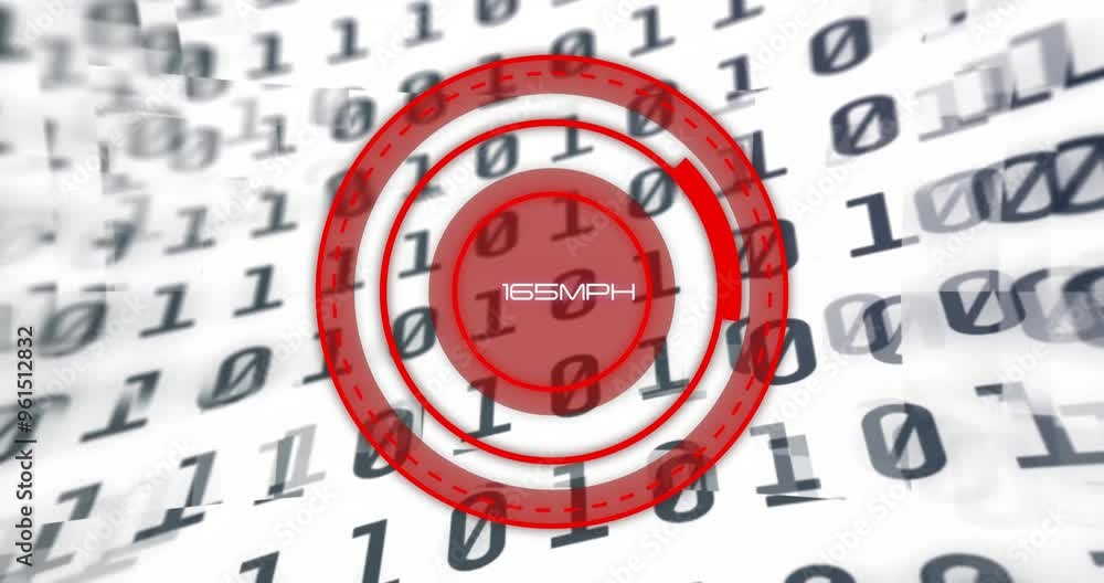 Poster speedometer reading 165mph over binary code background in animation
