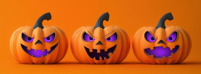 paper cut card A set of three different pumpkin icons with green curly vines and purple eyes for Halloween decorations
