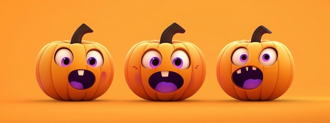 Obraz premium paper cut card A set of three different pumpkin icons with green curly vines and purple eyes for Halloween decorations
