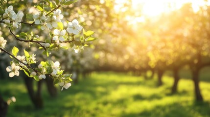 Obraz premium Blossoming fruit trees in a sunny orchard, symbolizing abundance and new life.