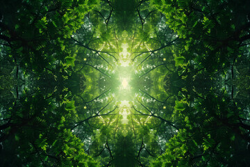 Fototapeta premium Psychedelic Rain Forest, Symmetrical Kaleidoscope Abstract Green Background.