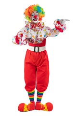 Funny clown pointing at blank template copy spase for advertising, posters, greetings, invitations....