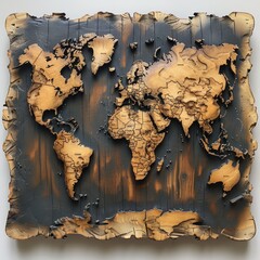 World Map Carved in Wood