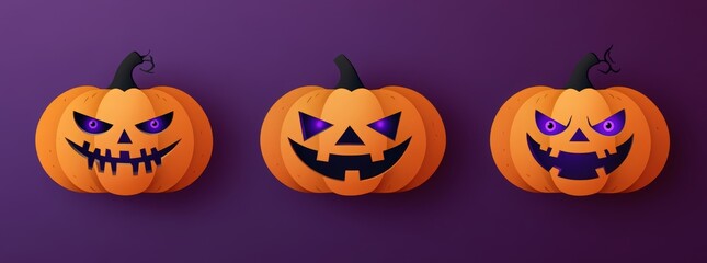 paper cut card A set of three different pumpkin icons with green curly vines and purple eyes for Halloween decorations