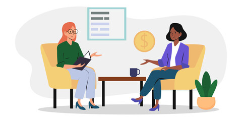 Two business professionals discussing strategy in a modern office environment with graphs