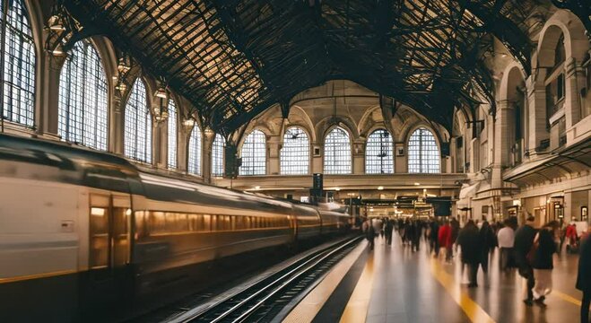 Timelapse of a busy train station with people coming and going.
