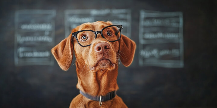 Curious and puzzled dog has many questions, confused dog student studying education concept