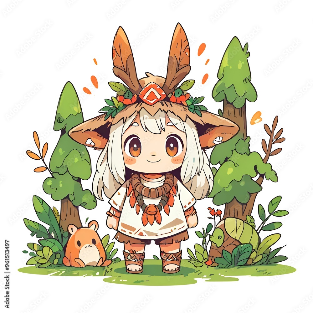 Sticker cute anime girl in a forest setting