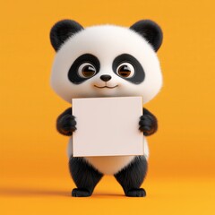Fototapeta premium Cute panda holding blank sign, orange background, smiling