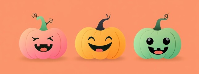 Obraz premium paper cut card A set of three different pumpkin icons with green curly vines and purple eyes for Halloween decorations