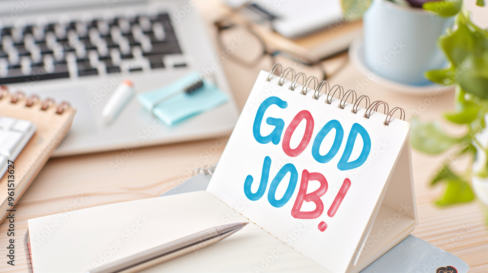 Poster note with good job message on desk alongside notebook and pen in organized workspace