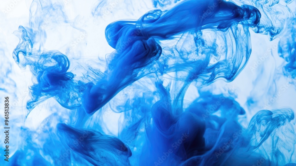 Poster blue ink drop in water, creating an abstract and fluid art effect