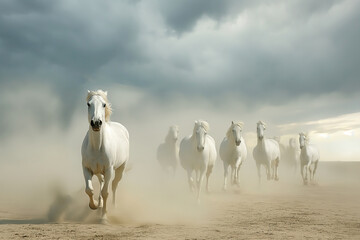A lone white horse leading a group through a dusty expanse with dramatic stormy skies above, evoking strength and leadership.