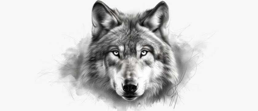 A monochrome image of a wolf's expressive face, its blue eyes piercingly intense