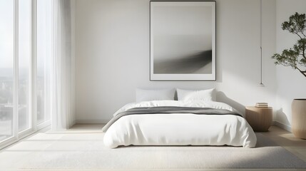 A minimalist bedroom with a clean, white bed and a single piece of art on the wall