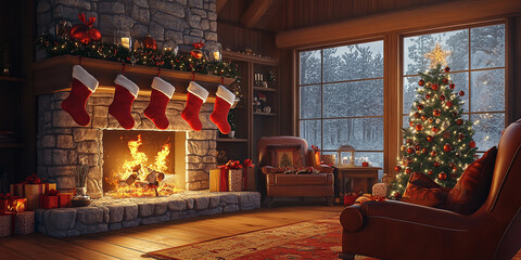 Cozy Christmas Eve: the warmth of a home fireplace and stockings. This inviting scene represents the joy and coziness of Christmas.