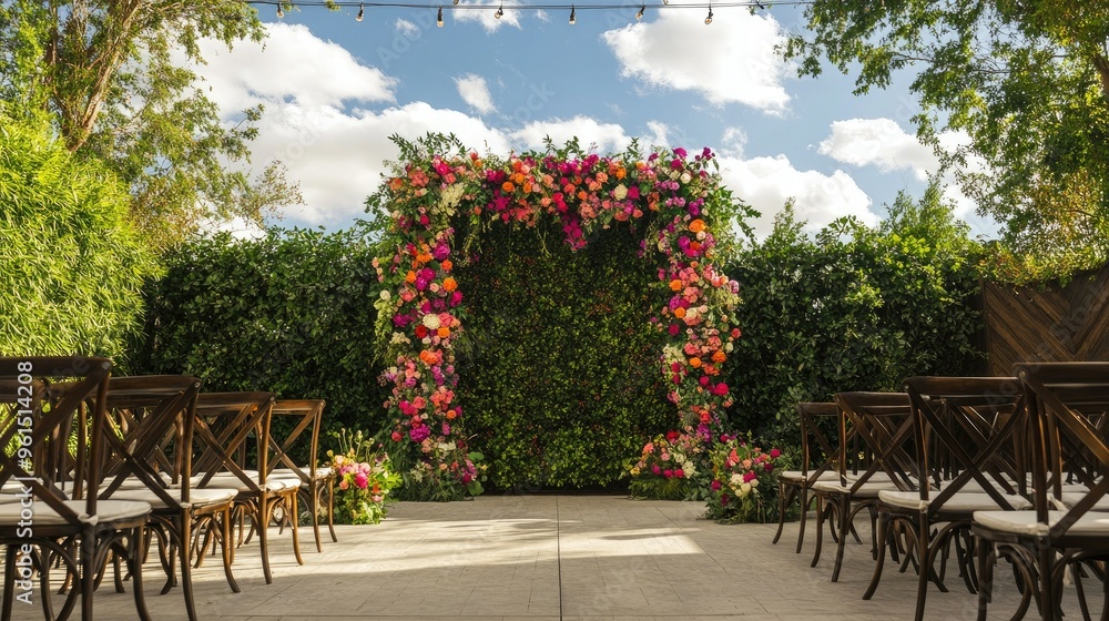 Wall mural Garden wedding ceremony backdrop, adorned with vibrant flowers and greenery, set for an outdoor celebration.