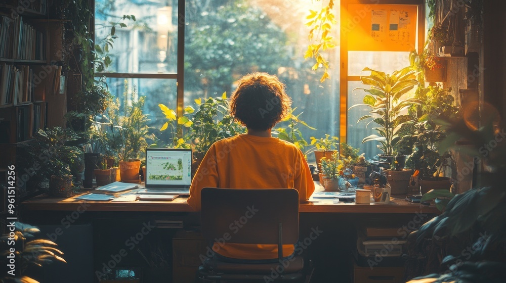 Poster person working at a desk with a window view