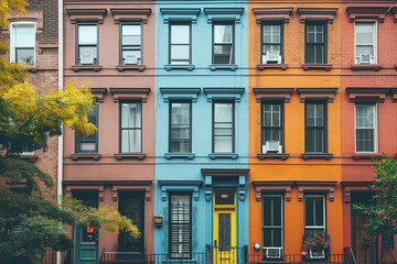 Colorful brownstone buildings on a quiet street in New York City, showcasing shades of red, blue, and yellow, with windows and trees adding to the urban charm.