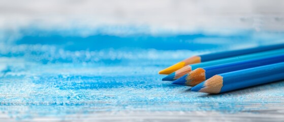  A collection of blue and yellow pencils atop a blue-and-white tablecloth against a white backdrop