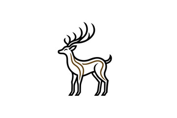 Gold Deer Logo. Simple Vector illustration. Emblem design business template. Classic Deer icon. Nature Wildlife Hunting. Silhouette Head. Stag, Buck, Hart, Reindeer, Mule, Whitetail, Elk, Antler. 