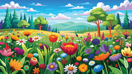 Fototapeta premium Spring field of colorful wild flowers, sunny day, wide vector art illustration