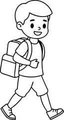 Single Line Art of Boy Going to School with Bag and Book