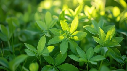 Lush green foliage under springtime sun glow