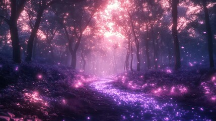 enchanted amethyst forest shimmering purple leaves bioluminescent undergrowth mystical atmosphere
