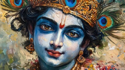 Portrait of the Divine Krishna Face in a Golden Crown Close-Up with Intricate Details and Rich Colors new beautiful stock image illustration AI