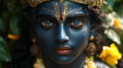 Portrait of the Divine Krishna Face in a Golden Crown Close-Up with Intricate Details and Rich Colors new beautiful stock image illustration AI