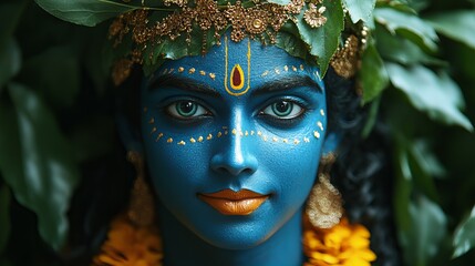 Portrait of the Divine Krishna Face in a Golden Crown Close-Up with Intricate Details and Rich Colors new beautiful stock image illustration AI