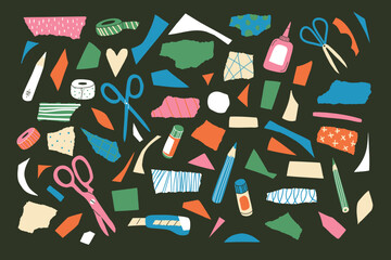 Set of colored torn and cut paper pieces, collage supplies: scissors, glue, pencil. Geometric shapes. Trendy  collection for contemporary digital scrapbooking. Vector flat isolated on black elements