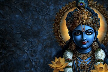 Portrait of the Divine Krishna Face in a Golden Crown Close-Up with Intricate Details and Rich Colors new beautiful stock image illustration AI